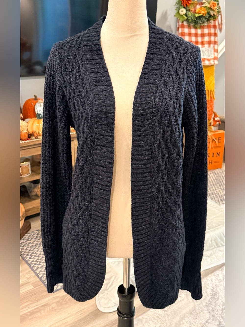 RD Style Open-Front Cable Knit Cardigan in Navy Blue